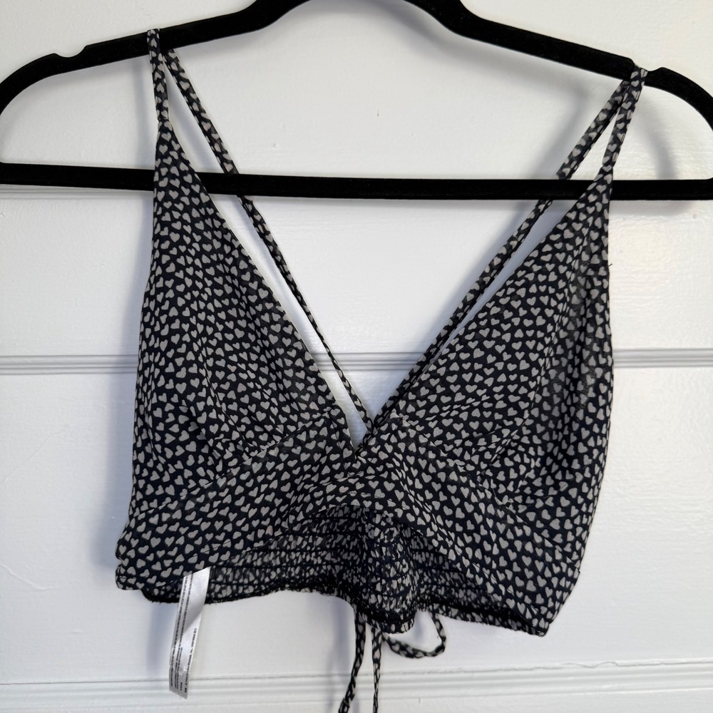 Intimately Free People Heart Print Smocked Tie Back Cassie Bralette XS Black